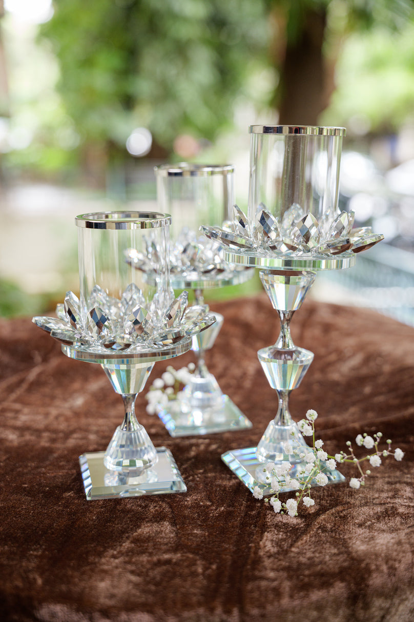 Silver crystal candle holders with glass cylinder tops