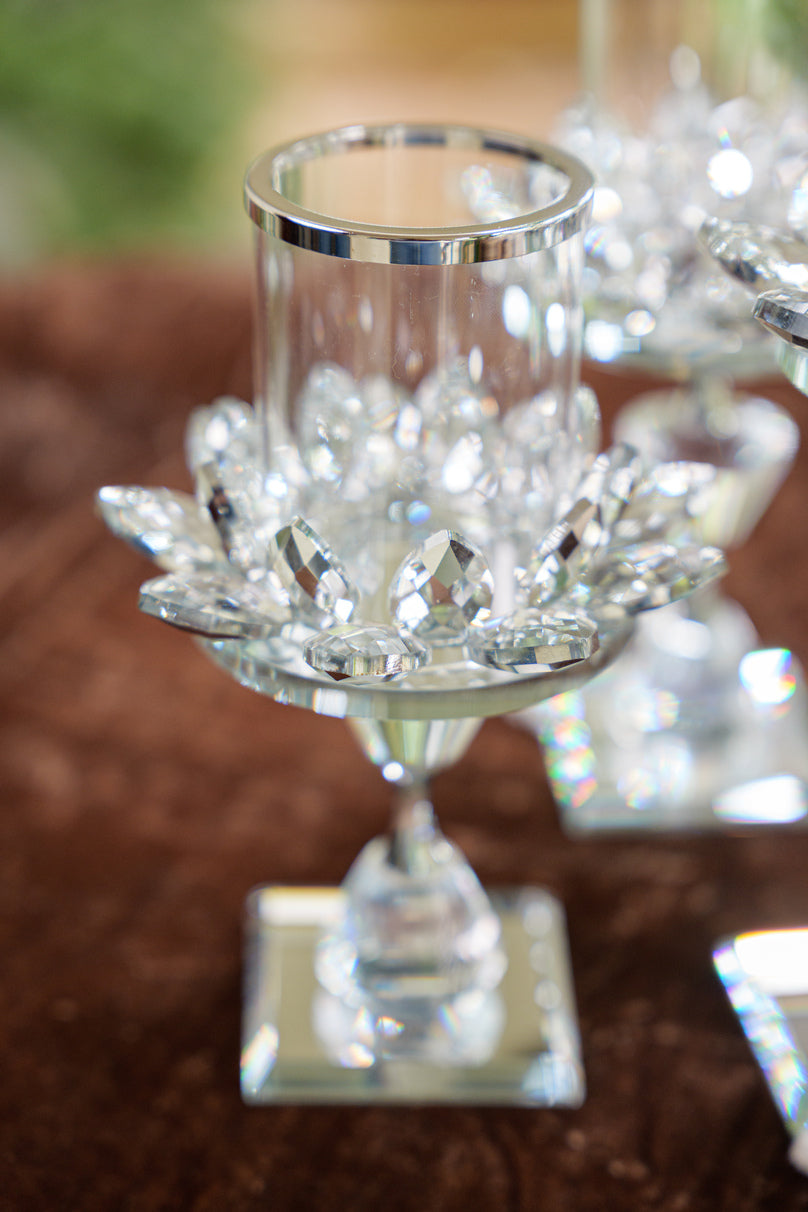 Silver Crystal Candle Holders with Glass Cylinders (Set)