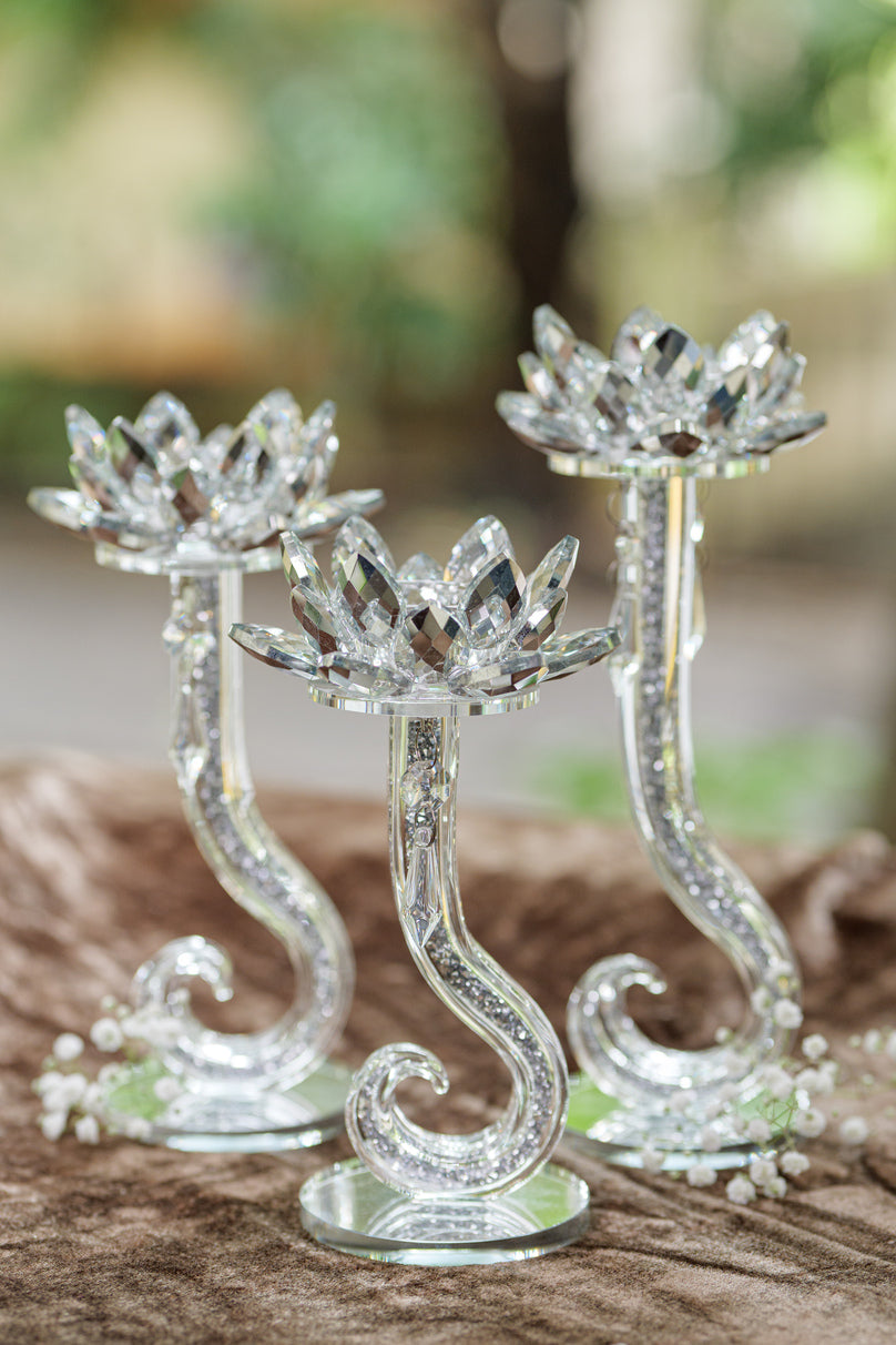 Silver crystal lotus candle holder set for festive decor