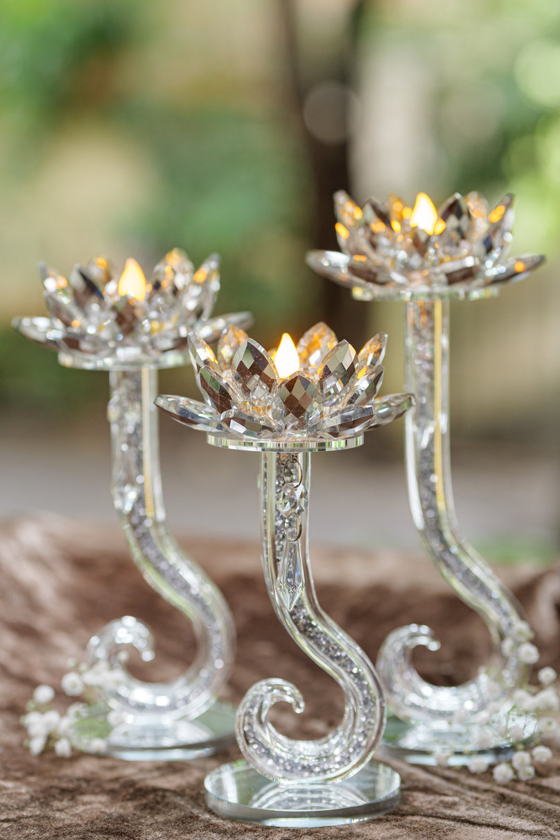 Silver Crystal Lotus Candle Holder (Set)