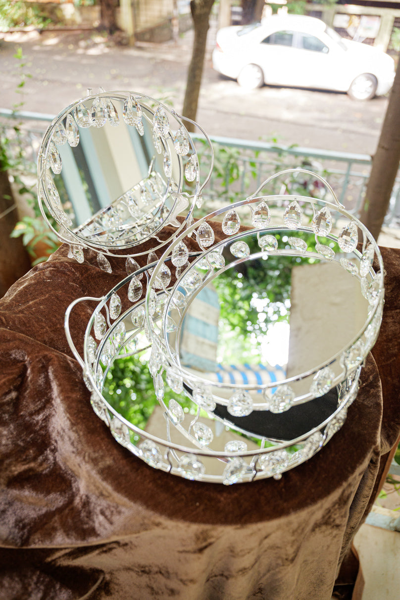 Silver Crystal Round Mirror Serving Tray