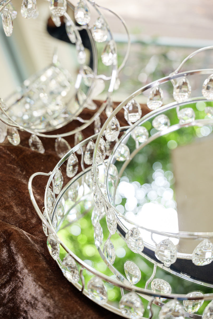 Silver Crystal Round Mirror Serving Tray