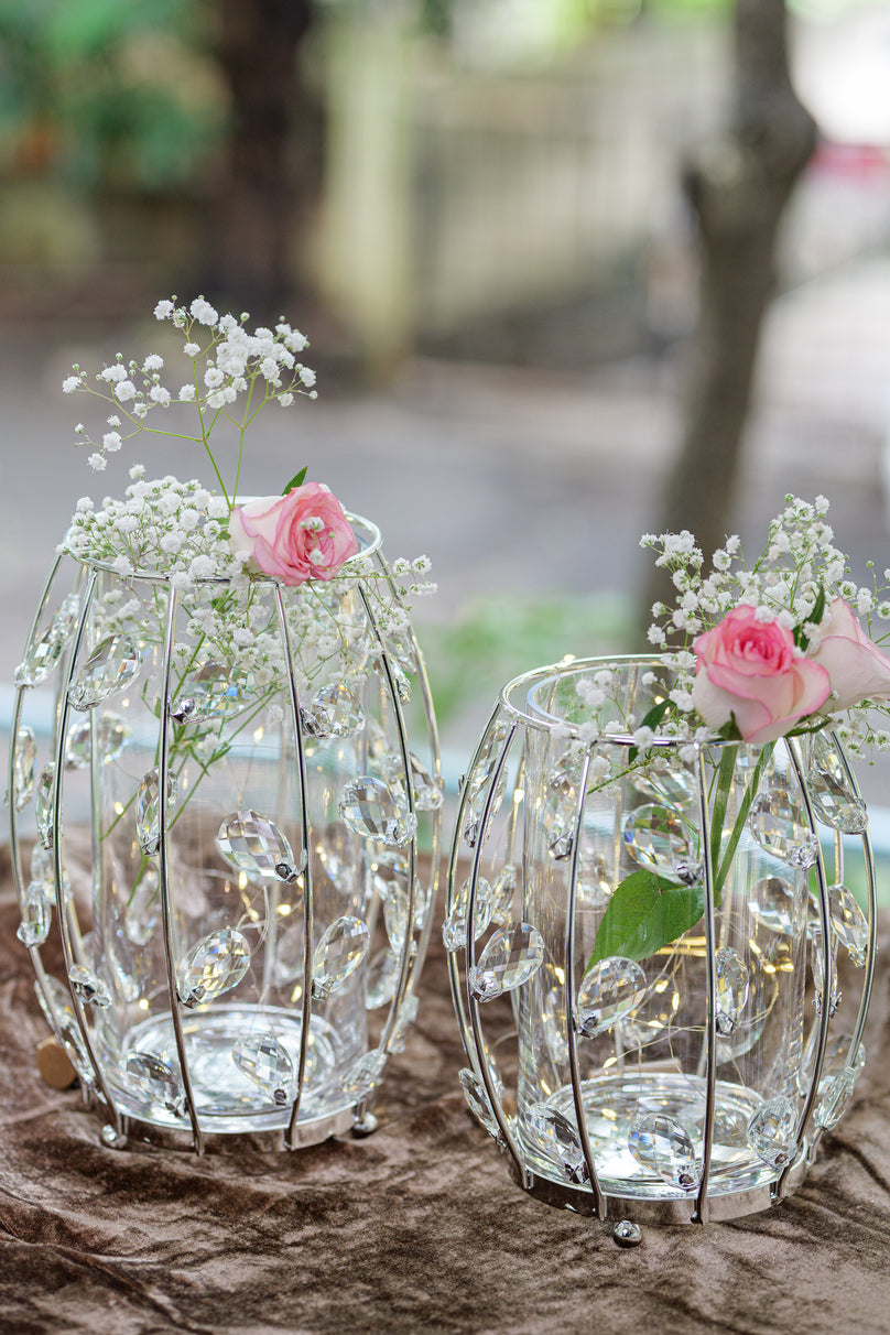 Silver crystal vase candle holder with glass design