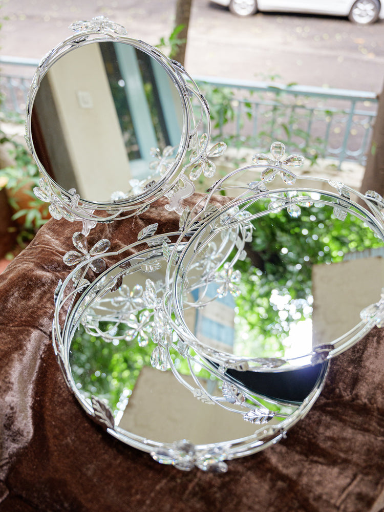 Silver Floral Crystal Round Mirror Serving Tray