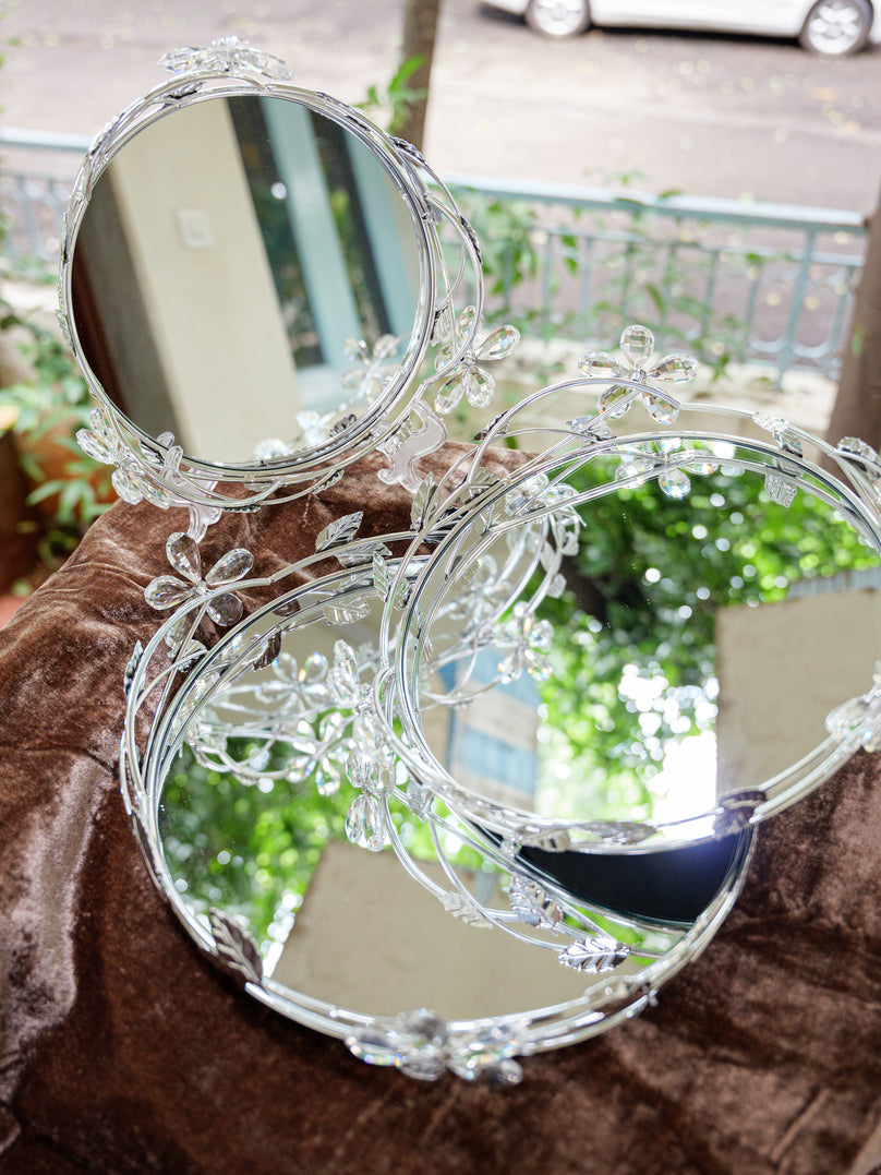 Silver Floral Crystal Round Mirror Serving Tray