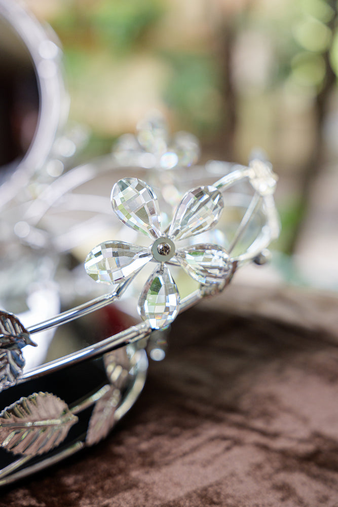 Silver Floral Crystal Round Mirror Serving Tray