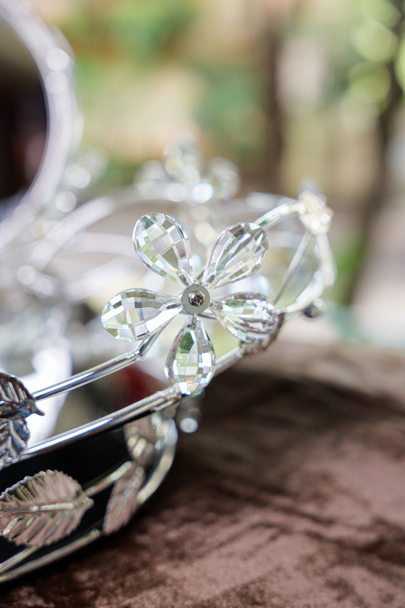 Silver Floral Crystal Round Mirror Serving Tray