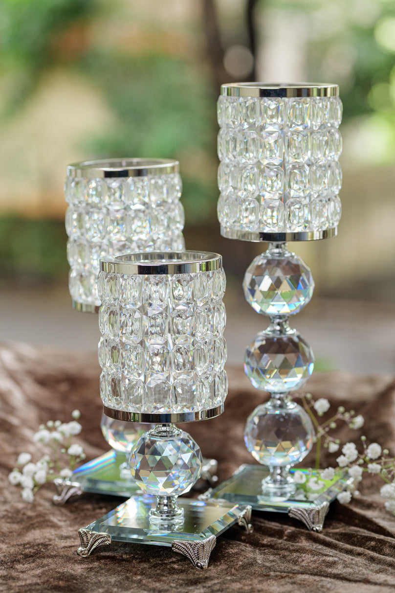 Silver luxe crystal candle holder set with pedestal design