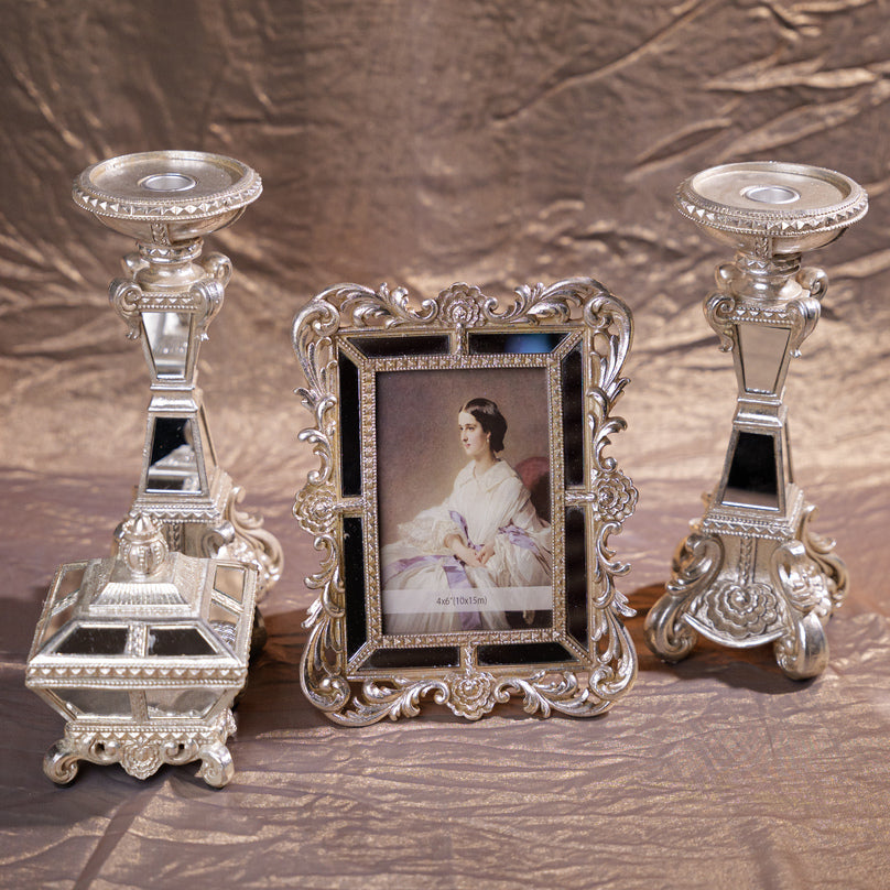 
                      
                        Silver Resin Photo Frame with Mirror Accents
                      
                    