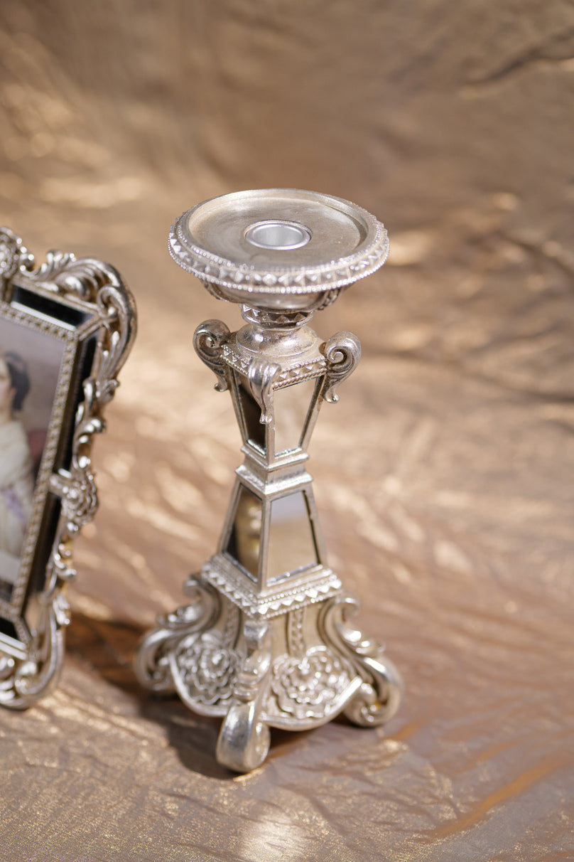 Silver Resin Candle Stands with Mirror Accents