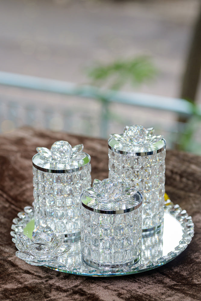 Silver Rotatable Crystal Lotus Jar Set