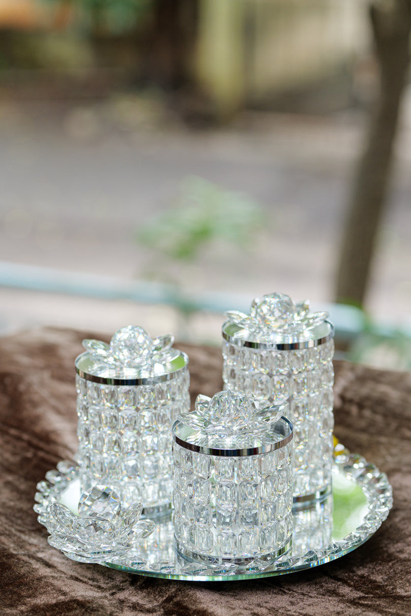 Silver Rotatable Crystal Lotus Jar Set