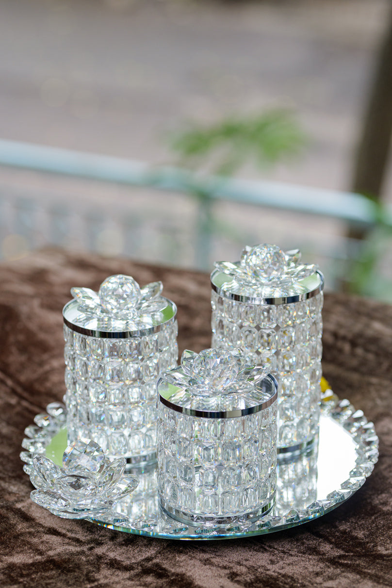 Silver rotating crystal jar tray set with lotus design