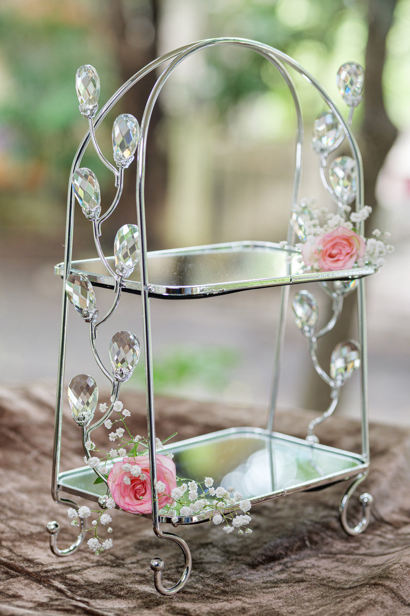 Silver two tier crystal mirror serving stand