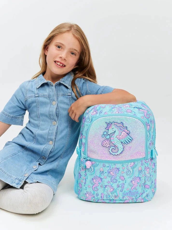 
                      
                        Glitter backpack for kids with seahorse design
                      
                    