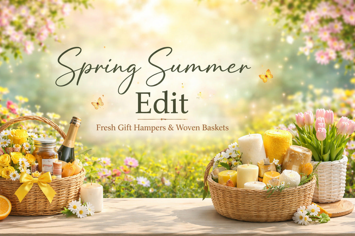 Summer gift hamper basket with rattan design by Aarnaaz India