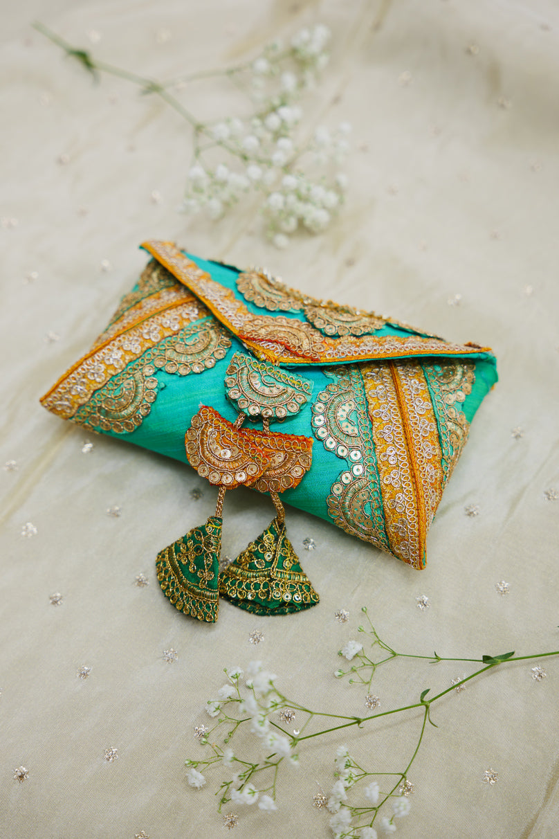 Turquoise raw silk wedding shagun envelope