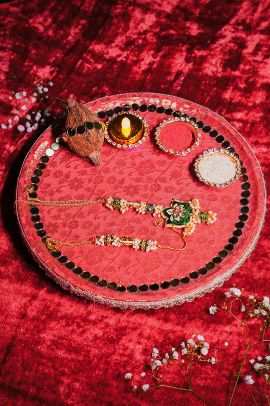 Velvet pooja thali set with containers and diya