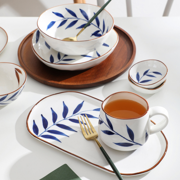 White Mug with Blue Leaf Design