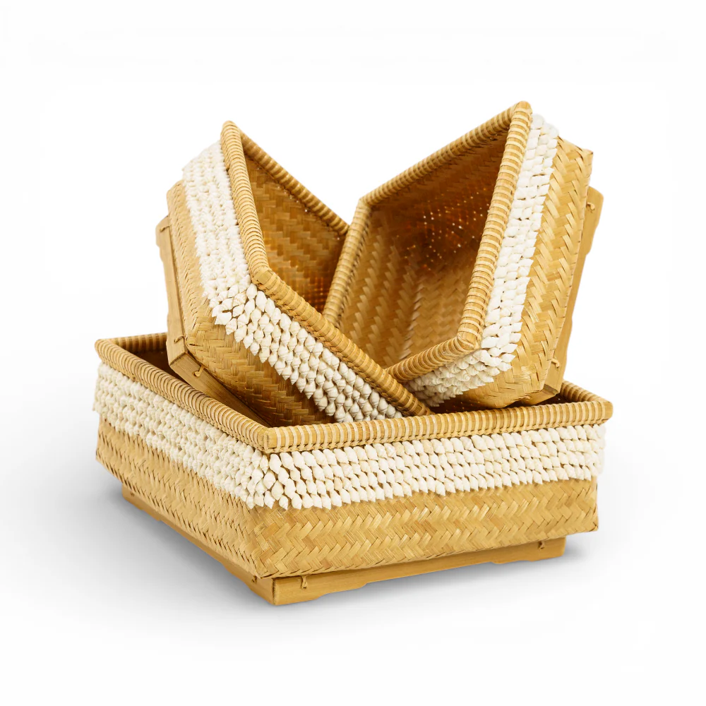 White wave bamboo basket with shell design